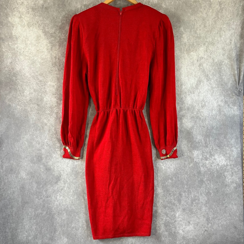 St. John Knit Dress Women 12 Red V-Neck Embellished Cuff Vintage Marie Gray - Picture 3 of 9